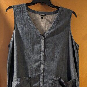 Eileen Fisher Womens Sleeveless Denim Organic V-Neck Long Top Tunic Shirt 1X